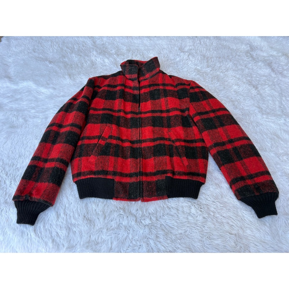 Vintage Campus Wool Bomber Jacket Mens M Red Black Buffalo Plaid Lumberjack USA